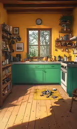 an image of a kitchen setting with green cabinets