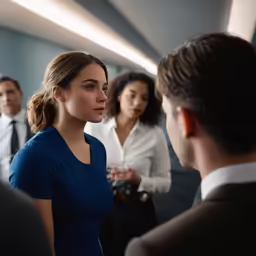 woman talking to a businessman in the hallway