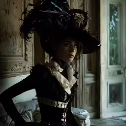 a woman wearing a hat with black feathers