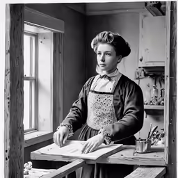 an old photo shows a young lady writing on a table