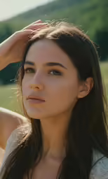 a woman in a field looking off to the side