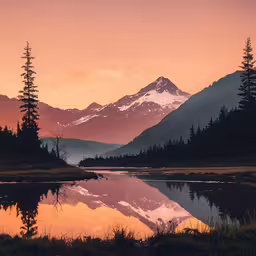 a pink sunset at the bottom of a mountain range,a lake and mountain reflection in the water