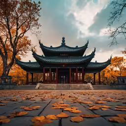 leaves in front of a pagoda in autumn