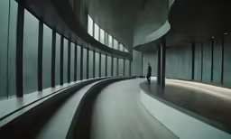 a person is walking near some large windows