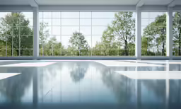 a glass room with trees through some windows