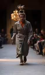 a model walks down the runway wearing an oversized trench coat