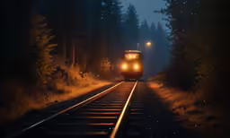 a train with a headlights on on the track