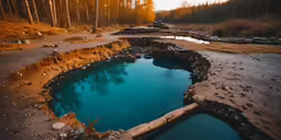 a natural swimming pool in the middle of an open field