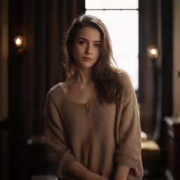 a woman in a brown sweater leaning against a window