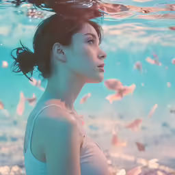 a girl is looking upwards into the ocean water