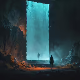 a man walks into a narrow, dark cave