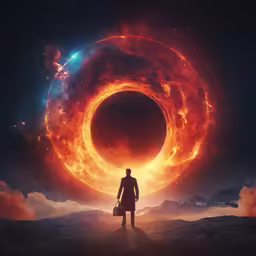 a person standing in front of a ring with stars around it