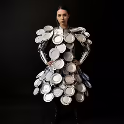 the girl is holding a huge amount of plates