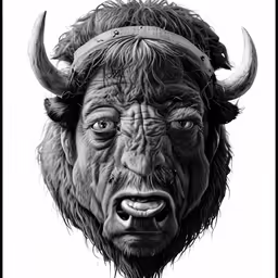 the face of a bison, with horns and big eyes