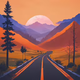 a painting of the highway going to a mountain,there is a painting of a road that goes to the mountains