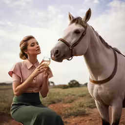 a woman sits on a bench next to a horse