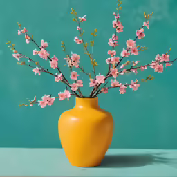 pink flowers in a yellow vase on a blue table
