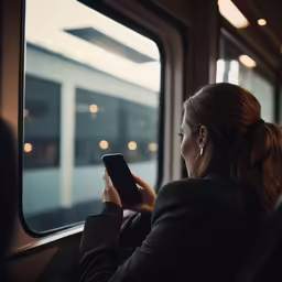 a woman sitting by the window while looking out the train window