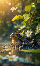 a large frog sitting in water next to a body of water
