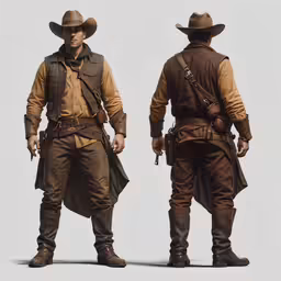 three different styles of cowboys standing and one wearing a hat