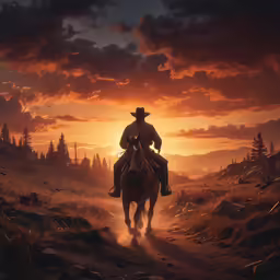 a cowboy riding a horse on a dirt trail