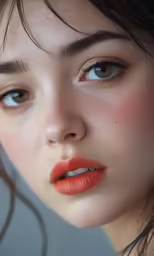 a close up photo of a woman with orange lipstick
