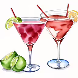 two drinks with limes and a lemon slice are seen in this drawing,a couple of drinks sitting on top of a table