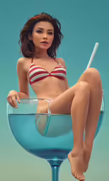 a woman in a bikini is sitting in an umbrella