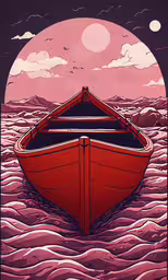 a painting of a boat in the water,a painting of a boat sitting in the water
