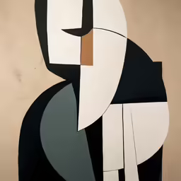 a painting with black and white squares and shapes