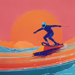 a painting depicting a person surfing on an orange and pink sky,a person on a surf board with the sun setting behind them