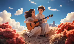 a man playing guitar next to a woman on a beach