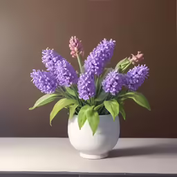 there is a white vase with purple flowers in it