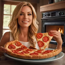 woman with large pizza slice in kitchen holding up slice