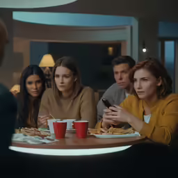 four young people sitting at a table looking down at a cell phone
