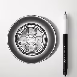 a black pen and a white plate on a table