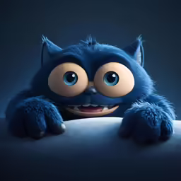 cartoon character with blue hair and big eyes hiding behind a blank sign