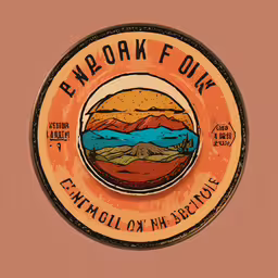 this logo features a scenic scene and colors of brown,a circular metal sign on a brown background
