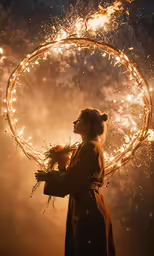 a woman standing in front of a circle of fire