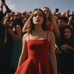 a woman standing in front of a crowd
