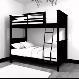 a black wooden bunk bed is seen against the wall