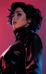 a woman in black posing with pink background