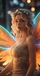 a girl dressed in a gold dress has a butterfly wings