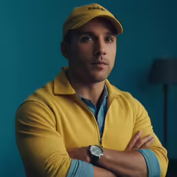a man wearing a yellow jacket, blue shirt and hat