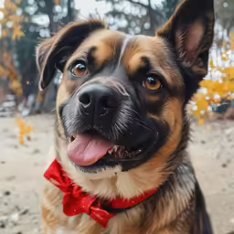 a dog with a bow tie and large eyes looking at something