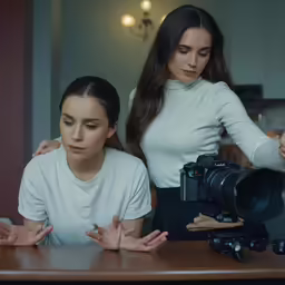 two women are sitting at a table and one is holding her hands up to the camera
