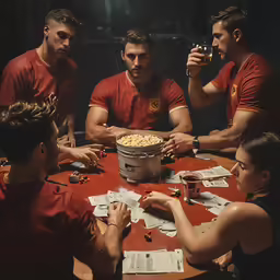 the soccer players are sitting around the table