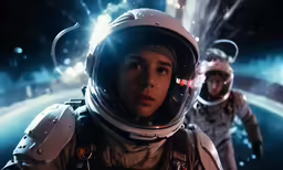 a man in a spacesuit standing next to a camera
