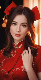 the young woman is wearing a red shirt and bow tie