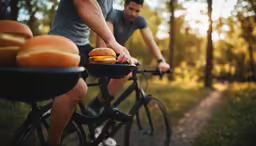 man riding a bicycle holding basket of hamburgers and a half eaten sandwich